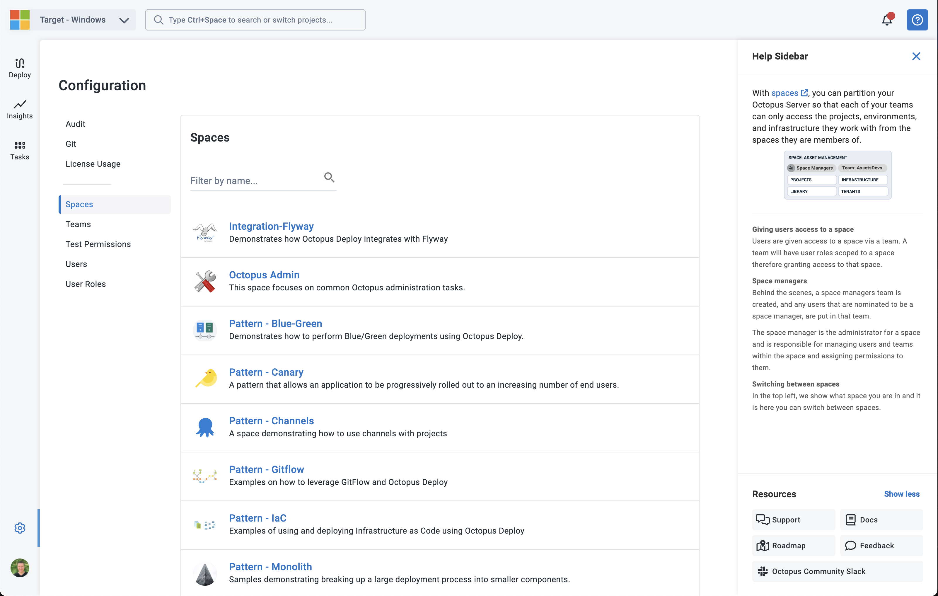 Spaces configuration page