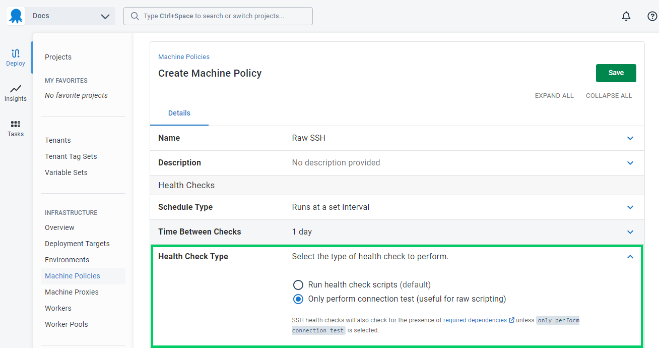 Machine policy settings for connection test only